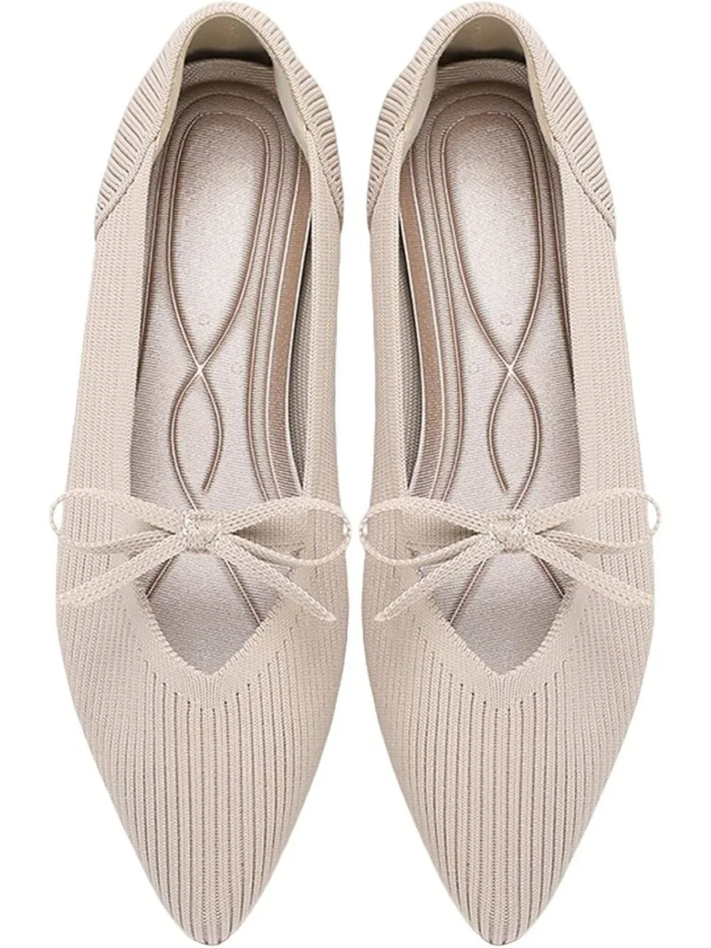 Women's Beige Pointed Toe Knit Ballet Flats Comfortable Pull On Casual Shoes